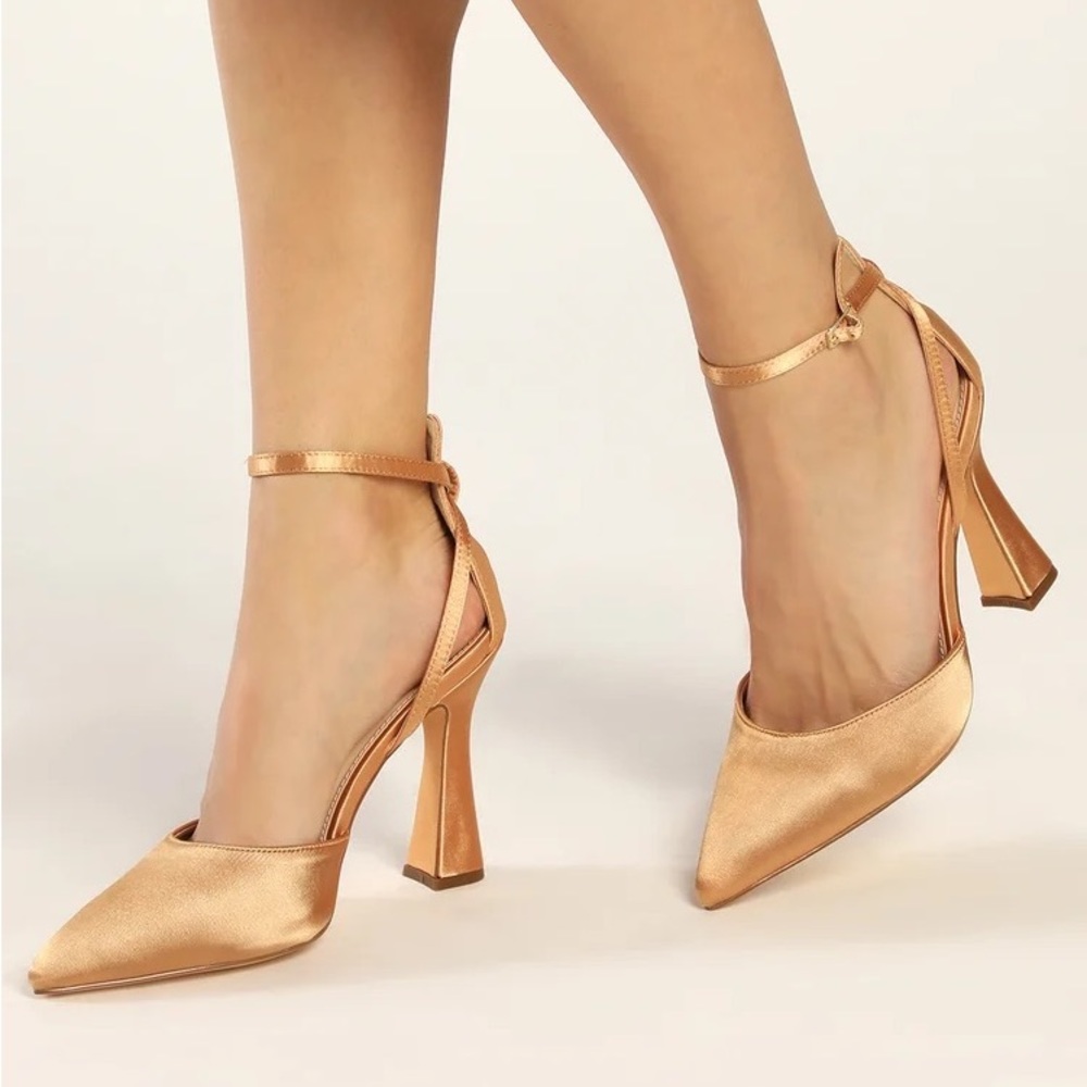 Lulu’s Gold Satin Pointed-Toe Ankle Strap Pumps